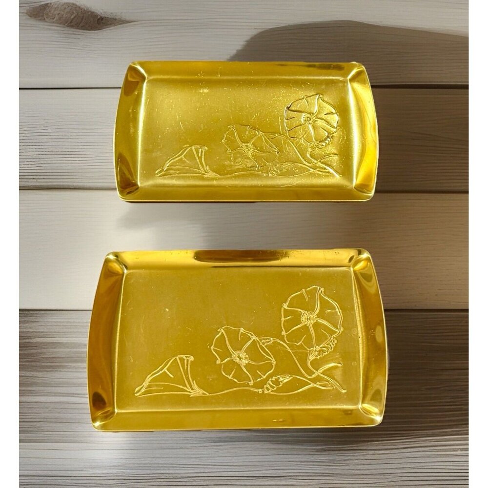 Vintage Floral Incised Snack Trays Gold Aluminum Morning Glory Jewelry Tray MCM